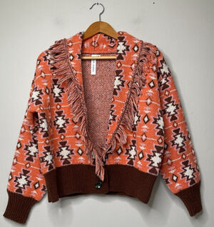 Grace + Karma Women’s M Orange Aztec Fringe 2 Button Cardigan Southwestern Boho